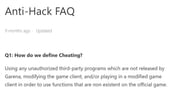 How is cheating defined as per the developers (Image via Garena)